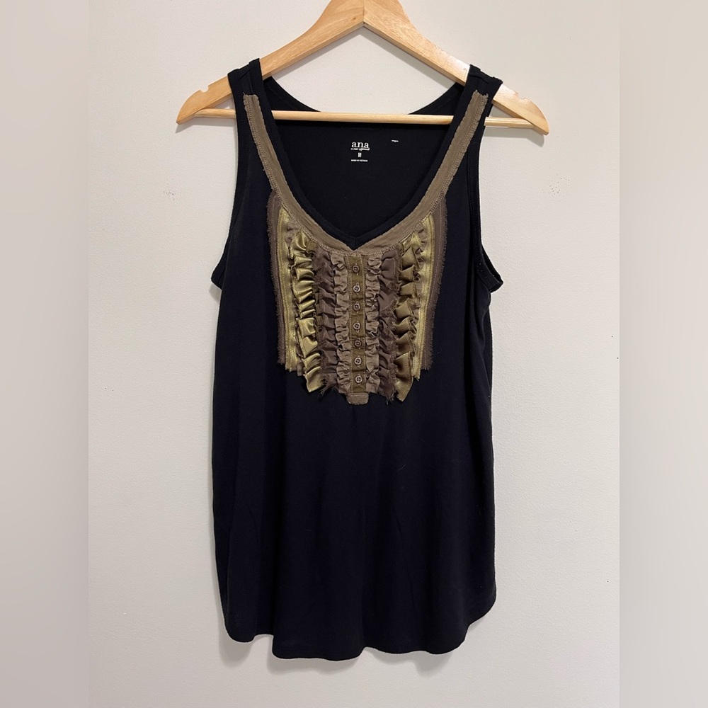 ANA Women’s Flowy Ruffle Chest Black Tank Top Y2K Sz M EUC